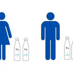 En illustration visar en kvinna med två 1-liters flaskor vatten och en man med två 1-liters flaskor och en halvliterflaska. Detta ger en visuell idé om hur mycket vatten man ska dricka per dag.