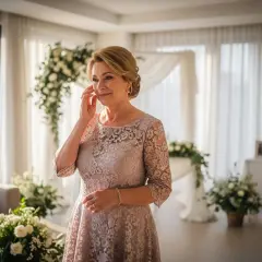 Wzruszona matka panny młodej ociera łzę w dniu ślubu córki. W tle dekoracje kwiatowe i biały baldachim.