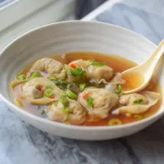 Aksamitna zupa wonton z kawałkami chili i szczypiorku, gotowa do nabrania łyżką.