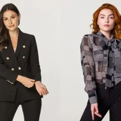 Dwie kobiety ubrane elegancko w czarne stroje: marynarka i spodnie, bluzka w kratkę i spodnie w paski.