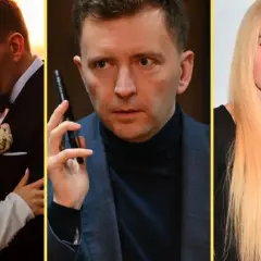 Łukasz Schreiber z pierwszą żoną na ślubnym kobiercu, w środku z telefonem, obok blondynka.