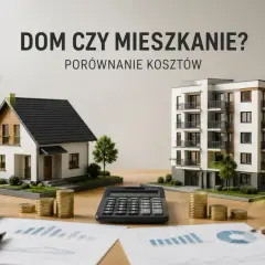 Porównanie kosztów: model domu i bloku mieszkalnego, kalkulator, monety i klucze. Dom czy mieszkanie?