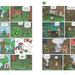 Postacie z Minecrafta: Creepery uczą się od mamy, jak być groźne, a Steve gotuje zupę dla zombie.