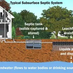 Diagram of a typical subsurface septic system, showing a house connected to a septic tank and leachfield. Proper septic system maintenance is crucial for preventing groundwater contamination.