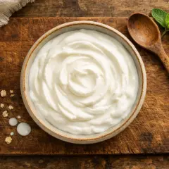 Yogur griego cremoso en un tazón, con avena y una cuchara de madera. Ideal para controlar las calorías del yogur griego.