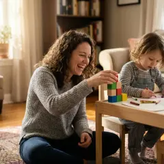 Radosna mama buduje wieżę z klocków, obserwując, jak dziecko rysuje. To piękne etapy rozwoju dziecka, pełne nauki i zabawy.