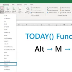 Excel Formulas tab with Date & Time dropdown open, highlighting TODAY.