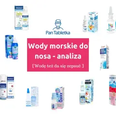 Kolaż opakowań preparatów do nosa: wody morskie i fizjologiczne.