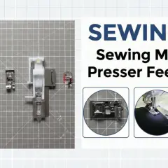 Sewing machine presser feet guide, showing various presser feet on a cutting mat. What is a presser foot? It's the part that holds fabric down while sewing.