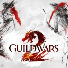 Grafika z gry Guild Wars 2, z polską flagą. Postacie i smok w stylu szkicu, sugerujące polskie spolszczenie gry.