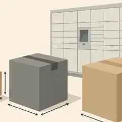 Trzy paczki o różnej wielkości obok automatu paczkowego InPost. Pokazano wymiary paczek, sugerując, jaki gabaryt a InPost jest dostępny.