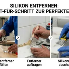 Schritt-für-Schritt-Anleitung: Silikon von Fliesen entfernen, Silikonentferner auftragen, Reste abschaben und neues Silikon einbringen für eine perfekte Fuge.