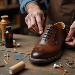 Artisan travaillant sur une chaussure en cuir marron, prêt à teindre le cuir. Des flacons et outils sont disposés sur la table.