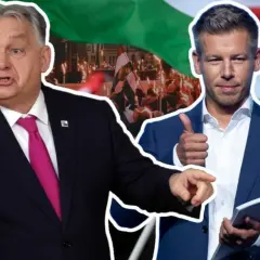 Dwóch mężczyzn na tle tłumu z węgierskimi flagami.