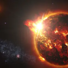 Jasna gwiazda, być może Gliese 710, wybucha w kosmosie. W tle widać inne gwiazdy i mgławicę.