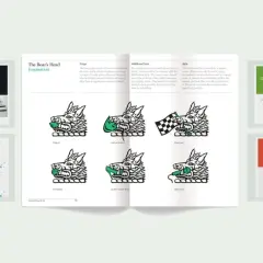 Étude de cas pour créer une marque : un guide de style pour un logo de sanglier, des exemples de logos et des palettes de couleurs.