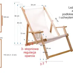 Schemat leżaka drewnianego z podłokietnikami i uchwytem na napój, z wymiarami i regulacją oparcia.