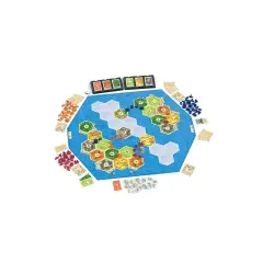 Plansza do gry Catan: Świt ludzkości z heksagonalnymi polami, zasobami i kartami.