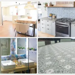 Varios tipos de suelo interior: madera clara en cocina/comedor, baldosas decorativas en baño y exterior.