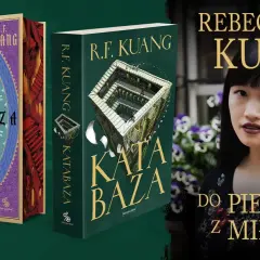 Okładki książek R.F. Kuang: "Atabaza" i "Katabaza". Obok autorka, Rebecca F. Kuang, z cytatem "Do piekła z miłością".