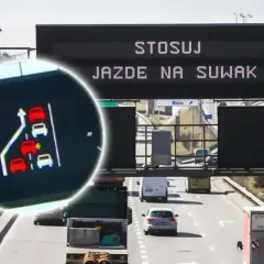 Znak drogowy informuje o konieczności stosowania jazdy na suwak. Na ekranie widoczny schemat samochodów włączających się do ruchu.