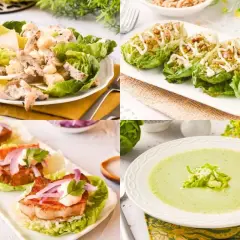 Variedad de recetas con lechuga: ensalada César, rollitos rellenos, bocaditos y crema verde.