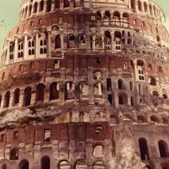 Der Turm zu Babel heute: eine monumentale, zerfallene Struktur mit vielen Bögen und Fenstern, umgeben von einer nebligen Landschaft. Vögel fliegen am Himmel.