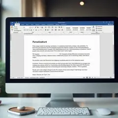 Na ekranie komputera widać dokument z tekstem, zatytułowany "Parsolicatiunt". To akapit co to, co piszesz, jest widoczne na ekranie.