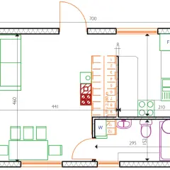 Projekt całorocznych domków 35m2 z poddaszem: salon, kuchnia, łazienka i sypialnia.
