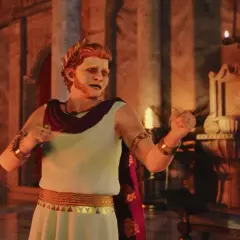 Nero w "Quo Vadis" (film 2001) obsada. Cesarz w wianku laurowym, z pierścieniem i bransoletami, gestykuluje w pałacu.
