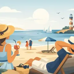 Relaks na plaży w Łebie, idealne łeba atrakcje dla dorosłych. Para spaceruje, ktoś pije drinka, a ktoś inny odpoczywa na leżaku.