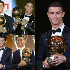 Cristiano Ronaldo z Złotą Piłką w różnych momentach kariery.