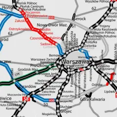 Mapa pokazuje przebieg autostrady A50, zaznaczonej na czerwono, od Poczernina przez Nowy Dwór Mazowiecki do Kołbieli.