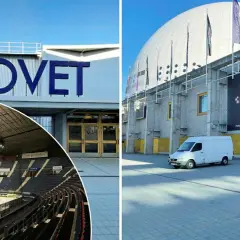 Hovet Stockholm, en ishockeyarena med läktare och isbana, samt en fasad med Bauhaus-reklam.
