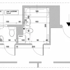 Rzut architektoniczny łazienki i WC z widocznymi wymiarami. W łazience wanna, umywalka, toaleta i pralka. W WC osobna toaleta.