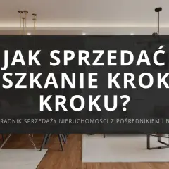 Nowoczesne wnętrze mieszkania z tekstem "Jak sprzedać mieszkanie krok po kroku?".