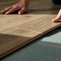 Hands demonstrate how to lay laminate flooring in a hallway, clicking planks together for a seamless finish.
