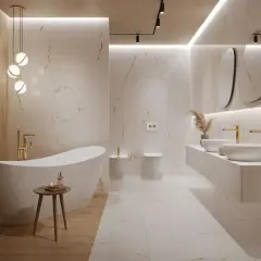 Elegancka łazienka biały marmur z drewnem. Wolnostojąca wanna, podwójna umywalka i złote baterie tworzą luksusową atmosferę.
