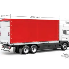 Ein LKW mit roten Planen, Maße wie Länge, Breite und Höhe sind angegeben. Die Frage "wie lang ist ein LKW" wird durch die Beschriftung "Länge (cm)" visuell beantwortet.