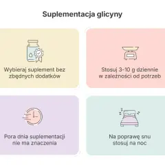 Wskazówki dotyczące suplementacji glicyny: wybieraj czysty produkt, stosuj 3-10g dziennie, pora dnia nie ma znaczenia. Glicyna skutki uboczne są rzadkie, ale stosuj na noc dla lepszego snu.