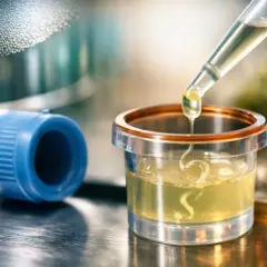 Kropla płynu z pipety wpada do naczynia laboratoryjnego, gdzie czeka już próbka. Czy to początek analizy, co to jest?