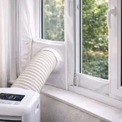 Kit pour comment calfeutrer une fenêtre et installer une climatisation mobile. Un tuyau blanc sort d'un tissu zippé sur la fenêtre.