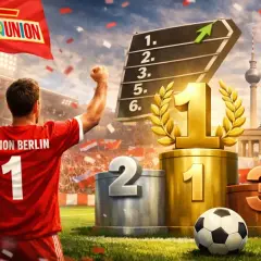 Piłkarz Union Berlin świętuje sukces. Na podium pierwsze miejsce, w tle berlińska wieża i trybuny pełne kibiców.