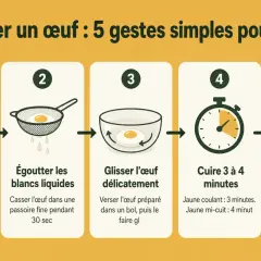 Étapes pour pocher un œuf : eau frémissante, égouttage des blancs, glisser délicatement l'œuf, cuisson 3-4 min, puis égoutter.