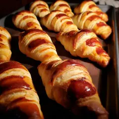 Une fournée de croissants dorés, parfaits pour une recette facile. Ils sont brillants et appétissants.