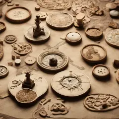 Starożytne artefakty, jakby wyjęte z historii gier planszowych, leżą na pergaminie.