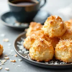 Une assiette de rochers coco dorés, parsemés de copeaux de noix de coco, avec une tasse de café en arrière-plan.