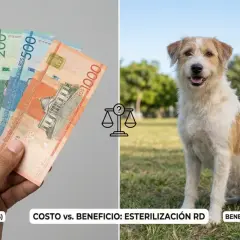 Manos con billetes dominicanos y un perro feliz. ¿Cuánto cuesta esterilizar a una perra? El costo vs. beneficio de la esterilización en RD.