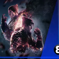 Dwóch wojowników z gry Tekken, Jin Kazama i Kazuya Mishima, otoczonych płomieniami i mroczną energią.