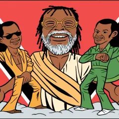 Trzej artyści w stylu calipso na tle flagi Trynidadu i Tobago.
